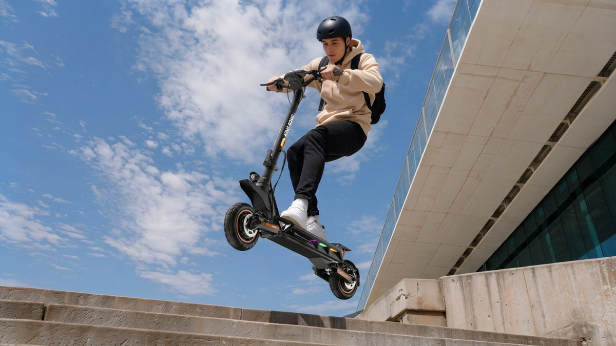 Kingsong N12T3 electric scooter rider in an urban action scene